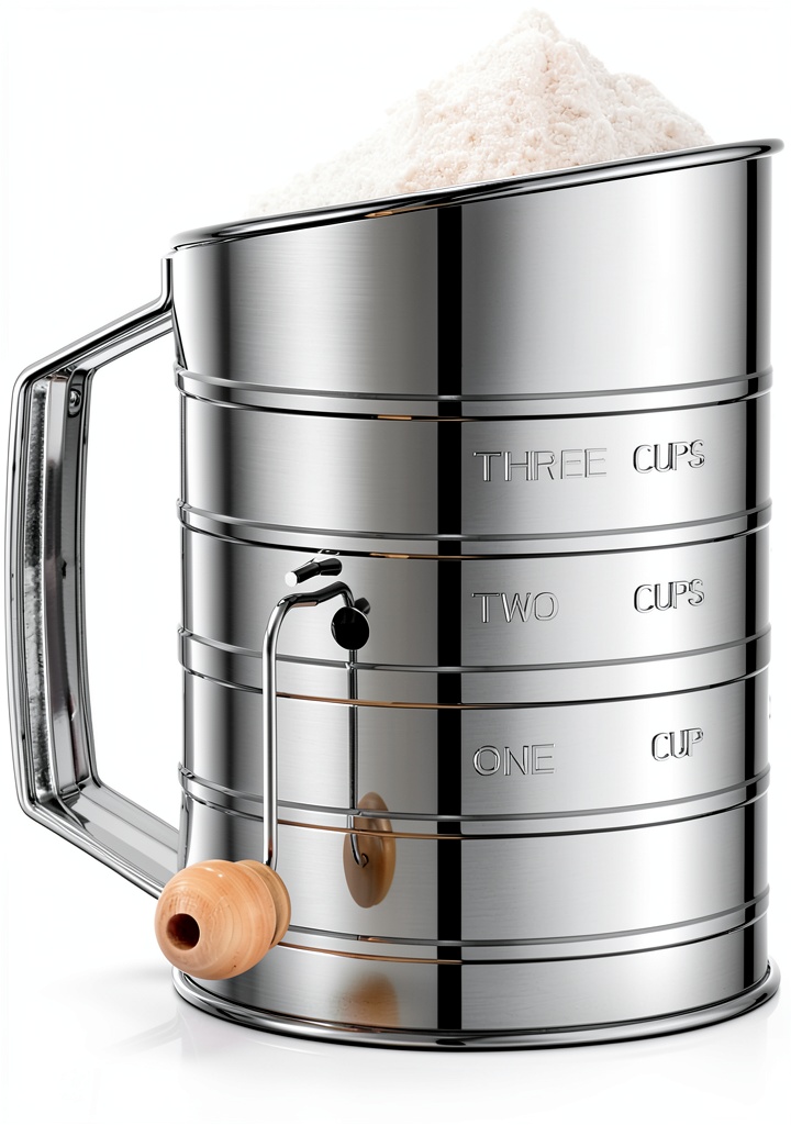 Esvopa baking sifter showing stainless steel construction and measurement marks