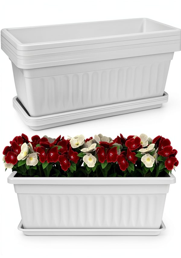 HOXHA Window Box Planter White 6 Pack Plastic Garden Box with Tray-0