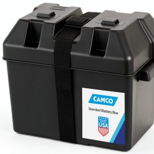Camco Large Battery Box with Straps and Hardware - Group 27, 30, 31 |Safely Stores RV, Automotive, and Marine Batteries | Measures Inside 7-1/4" x 13-1/4" x 8-5/8" | (55373), Black-0