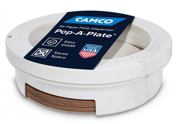 Camco 9-inch Pop-A-Plate Plastic Plate Dispenser | Ideal for Compact Spaces, RVs and Trailers | Mounts Under Cabinets or Shelves | White (57001)-0