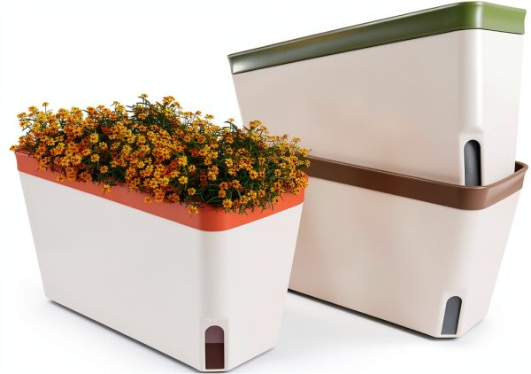 OurWarm Windowsill Herb Planter Box, Set of 3 Self Watering Plant Pots, 10.5 Inch Rectangular Planter Pot, Decorative Garden Flower Pots for Indoor Plants, Herbs, Vegetables, Flowers (3 Colors)-0