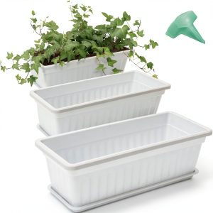 GROWNEER 3 Packs 17 Inches White Flower Window Box Plastic Vegetable Planters Long Pots with 15 Pcs Plant Labels for Outdoor Indoor Windowsill Patio Garden Home Decor Porch-0